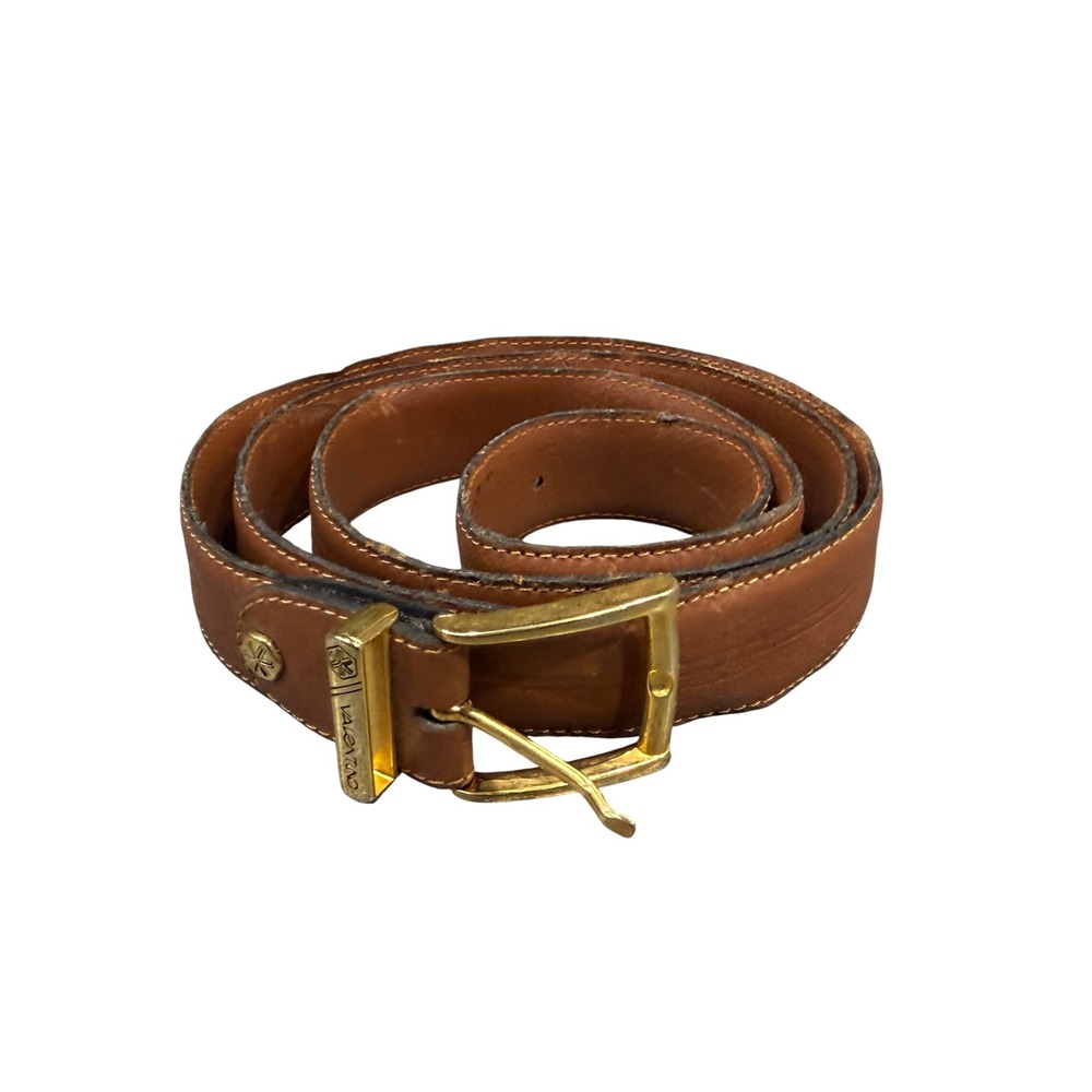 Valentino Belt Unisex 32 Brown Leather Gold Buckle Logo Made in Italy Vintage